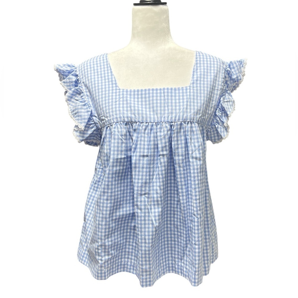 🆕 LIL CACTUS Gingham Plaid Flutter Sleeves Blouse